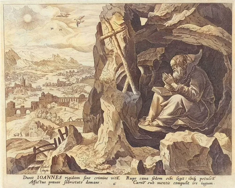 Hermit studying in a cave overlooking a landscape