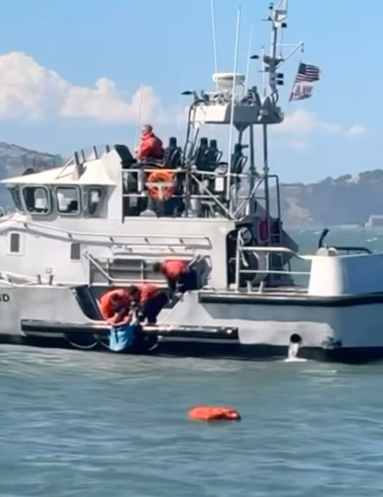 Rescuers pull a survivor from the water in San Francisco Bay